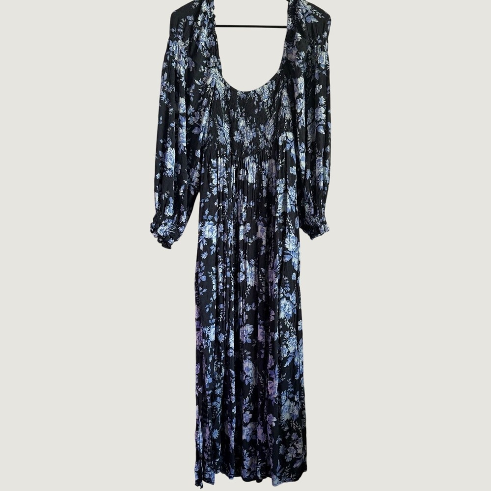 Free People Black Blue Floral Smocked Midi Dress Square Neck Side Slit Small - Picture 4 of 11